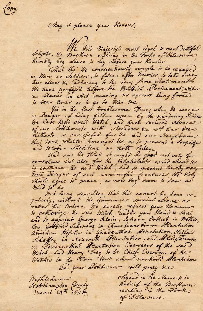 1757 Letter to the Governor William Denny