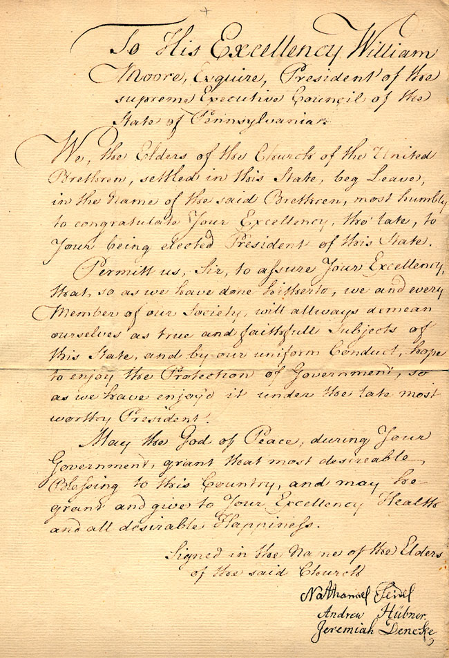 1779 Letter to William Moore from Nathaniel Seidel, Andrew Hbner, Jeremiah Dencke