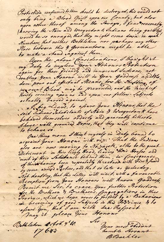 1763 Letter from Peter Boehler to Governor James Hamilton