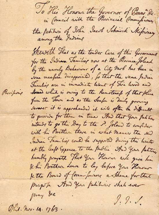 1763 Schmick Petition written by Lewis Weiss to Governor John Penn