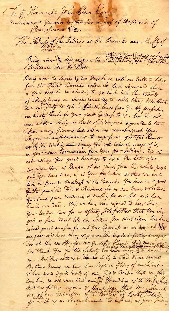 1765 Address of the Christian Indians to Governor John Penn