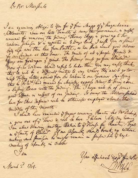 1764 Letter from Lewis Weiss to Frederick Marshall