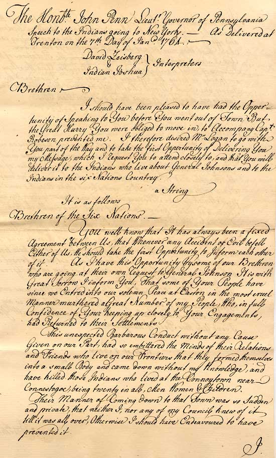 1764 Message by Governor John Penn delivered to Christian Indians