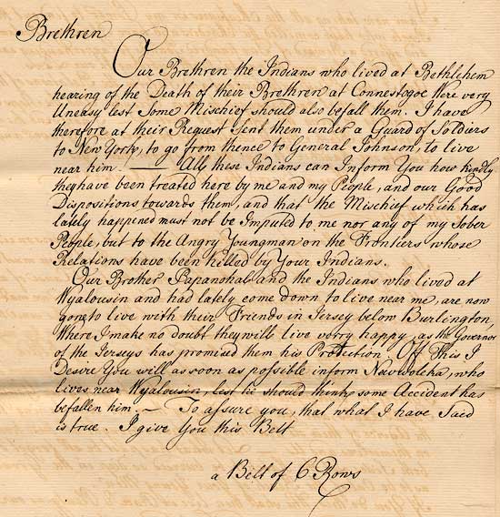 1764 Message by Governor John Penn delivered to Christian Indians