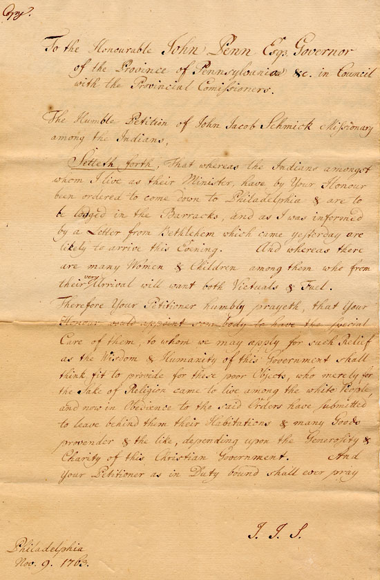 1763 Petition by John Jacob Schmick to Governor John Penn