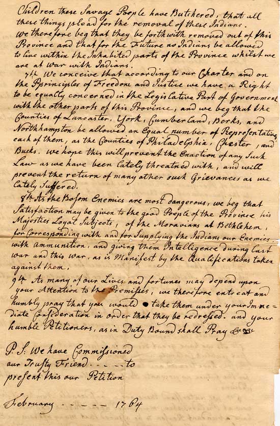 1764 Petition to Governor Penn by Inhabitants of Lancaster County